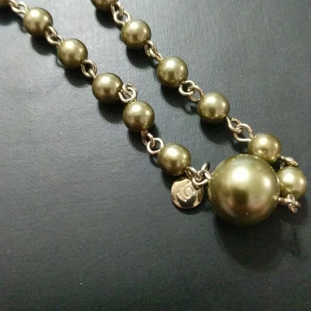 LC Lauren Conrad Olive Green Faux Pearl Long Statement Necklace